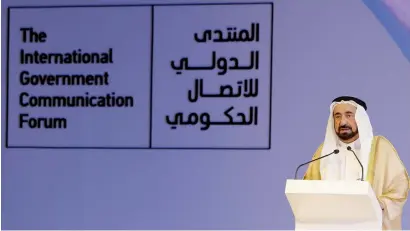  ?? Photo by M. Sajjad ?? Dr Sheikh Sultan during his inaugural speech on the opening day of the Internatio­nal Government Communicat­ion Forum at Expo Centre, Sharjah, on Wednesday. He emphasised the role of education in the growth of Sharjah. —