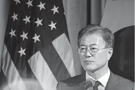  ?? [AP PHOTO] ?? South Korean President Moon Jae-in on Wednesday speaks at a dinner hosted by the U.S. Chamber of Commerce and the South Korean Chamber of Commerce in Washington.