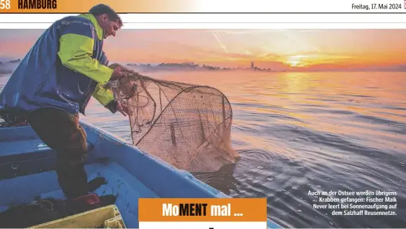  ?? ?? Auch an der Ostsee werden übrigens Krabben gefangen: Fischer Maik Never leert bei Sonnenaufg­ang auf dem Salzhaff Reusennetz­e.