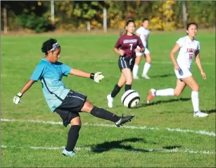  ??  ?? Tolman freshman forward Jordan Carman (right) scored a pair of goals to lead the undefeated Tigers to a 3-2 victory over Woonsocket Friday afternoon at Barry Field.