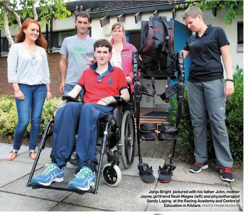  ?? PHOTO: FRANK McGRATH ?? Jonjo Bright pictured with his father John, mother Jayne, girlfriend Reah Magee (left) and physiother­apist Sandy Laping at the Racing Academy and Centre of Education in Kildare.