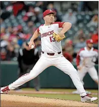 ?? NWA Democrat-Gazette/ANDY SHUPE ?? Connor Noland, who allowed 2 unearned runs on 4 hits with 1 walk and 7 strikeouts against Eastern Illinois last weekend, will start Saturday’s series finale for Arkansas against Southern California.