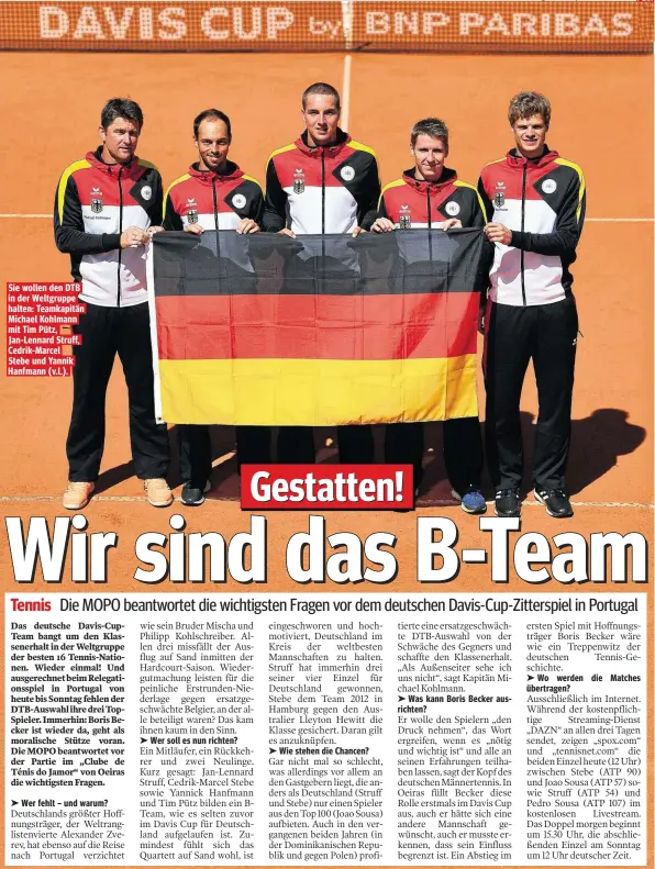  ??  ?? Sie wollen den DTB in der Weltgruppe halten: Teamkapitä­n Michael Kohlmann mit Tim Pütz, Jan-Lennard Struff, Cedrik-Marcel Stebe und Yannik Hanfmann (v.l.).