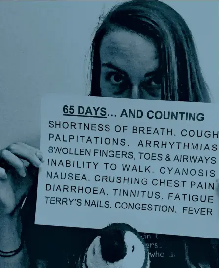  ??  ?? Barbara Melville, 37, who is in long-term recovery with Covid-19, shows a list of her symptoms