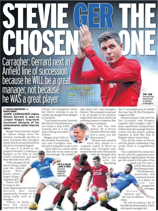  ??  ?? HE’S A BLUE ..AND A RED Gerrard swapped sides at half-time TOP JOB Gerrard has impressed in charge of Rangers