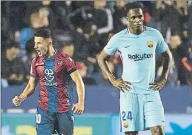  ?? FOTO: PERE PUNTÍ ?? Yerry Mina, con el rostro serio tras un gol de Bardhi en el Levante-Barça