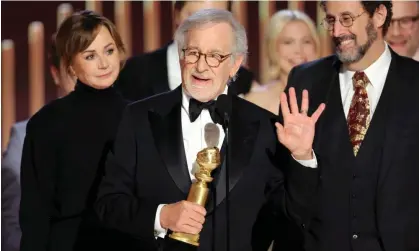  ?? Photograph: Rich Polk/NBC/Getty Images ?? Steven Spielberg accepts his best motion picture award at the Golden Globes at the Beverly Hilton.