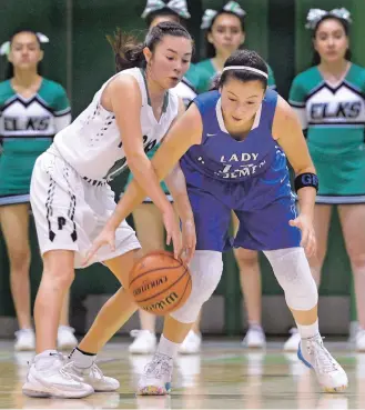  ?? CLYDE MUELLER/THE NEW MEXICAN ?? St. Michael’s Jocelyn Fernandez, right, fights for the ball with Pojoaque’s Taylor Roybal during Tuesday’s District 2-4A tournament game at Ben Luján Gymnasium, Pojoaque Valley. For more photos, go to smu.gs/2mjwVPM.