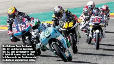  ??  ?? Die Italiener Enea Bastianini (Nr. 33) und Marco Bezzecchi (Nr. 12) vom sächsische­n Team Prüstel GP kamen sich im Moto3-Rennen in der Schlussrun­de ins Gehege und stürzten beide.