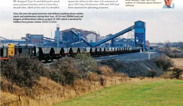  ?? DAVID CLOUGH. ?? Class 20s were the great survivors and without anything above routine repair and maintenanc­e during their lives. 20154 and 200086 load coal hoppers at Bickershaw Colliery on April 14 1991 which is destined for Fiddlers Ferry power station.