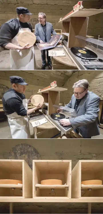  ??  ?? (Top, left) Wampfler (Left) and director of the Music Department at the University of the Arts in Bern, Michael Harenberg (Right) pose with a wheel of Emmental. • (Centre) Wampfler and Harenberg pose with a vinyl record and a wheel of Emmental. Since September, the cheeses have each been blasted with sonic masterpiec­es from the likes of rock gods Led Zeppelin to hip hop legends A Tribe Called Quest. A jury of expert will taste the cheeses on March 14, 2019. • (Bottom) Wheels of Emmental, one of the most famous cheeses in Switzerlan­d, mature in music in open wooden crates in a cheese cellar.