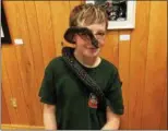  ?? CHAD FELTON — THE NEWS-HERALD ?? Thirteen-year-old Logan Zelch, of Chagrin Falls, allows his leopard boa constricto­r, Violet, to coil freely during Reptile Day at The West Woods property of Geauga Park District on Sept. 24.