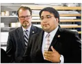  ?? CHRIS STEWART / STAFF ?? State Reps. J. ToddSmith (left), R-Jackson Twp., and Niraj Antani, R-Miamisburg, filed a bill Thursday to require voters to approve any hike in a county sales tax.