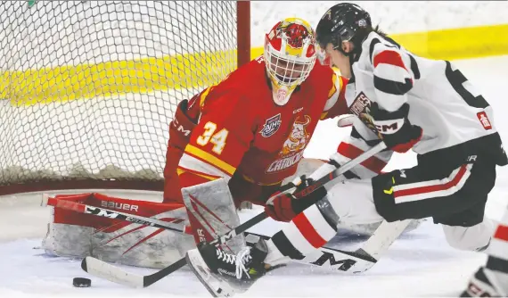  ?? DARREN MAKOWICHUK ?? Calgary Canucks goalie Julian Molinaro makes a save during an Inter Pipeline Cup AJHL final game April 16. The Canucks open the Centennial Cup on Thursday.