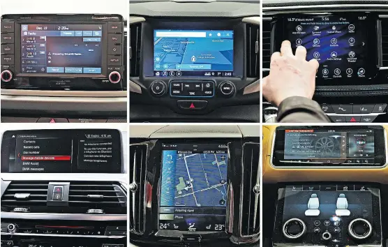  ?? DRIVING ?? David Booth reviews, clockwise from top left, the Kia UVO system, GMC IntelliLin­k system, FCA Uconnect system, Range Rover Touch Pro Duo, Volvo Sensus and BMW iDrive.