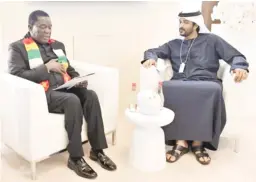  ?? ?? President Mnangagwa chats with United Arab Emirates Minister of Foreign Affairs Sheikh Shakhboot Nahyan Al Nahyan (right) in Dubai yesterday