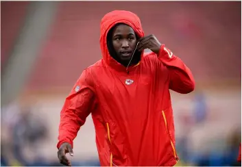  ??  ?? In this 2018 file photo, Kansas City Chiefs running back Kareem Hunt warms up before an NFL football game against the Los Angeles Rams, in Los Angeles.AP PhoTo/KelVIn Kuo