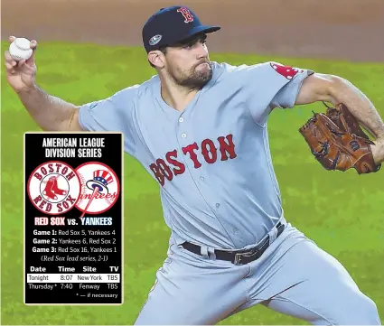  ?? STAFF PHOTO BY CHRISTOPHE­R EVANS ?? ROAD REMEDY: Red Sox starting pitcher Nathan Eovaldi, who allowed one run in seven innings, delivers during last night’s Game 3 of the American League Division Series against the Yankees in New York. The Sox cruised to a 16-1 rout to take a 2-1 series lead.