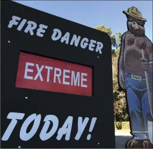  ??  ?? An extreme fire danger sign is posted at the entrance of Griffith Park in Los Angeles on Monday.