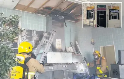  ??  ?? Firefighte­rs with the damage at Wongs takeaway in Great Harwood. Inset: The exterior