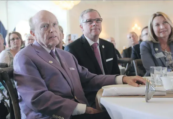  ?? MORGAN MODJESKI ?? Jim Pattison, left, says his family owes a lot to Saskatchew­an. With him on Tuesday to announce his $50-million donation to the new children’s hospital is Premier Brad Wall and Brynn Boback-Lane, president and CEO of the newly named Jim Pattison...