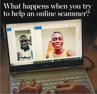  ?? MOE DOIRON FOR THE TORONTO STAR ?? Lesley Martin wired money to Nigeria to help Terry Eze Nwachi, shown here, cover his younger brother’s tuition fees. She met the 23-year-old Nigerian online after he unsuccessf­ully tried to phish her in a scam.