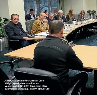  ?? ROBYN EDIE/STUFF ?? Athletics Southland chairman Chris Knight speaks to councillor­s at yesterday’s 2021-2031 long-term plan submission­s hearing.