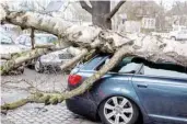  ?? — AFP ?? A tree fallen after a violent wind lies on top of a car in Wiesbaden, central Germany.