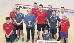  ??  ?? Ready for action President Walter McAllister with number ones James Dougan and Andy MacBean, club sponsor James Stewart (Richardson and Starling) and members of both teams