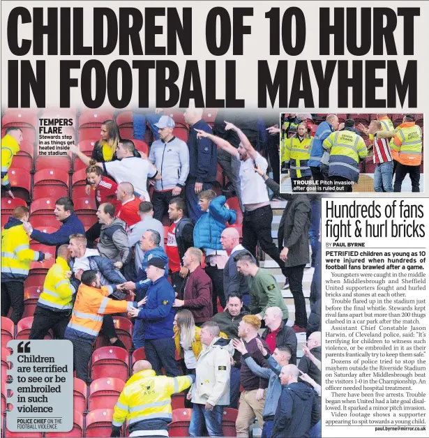  ??  ?? TEMPERS FLARE Stewards step in as things get heated inside the stadium TROUBLE Pitch invasion after goal is ruled out