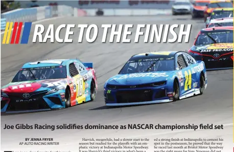  ??  ?? Above: Kyle Busch (18) and William Byron (24) head into Turn 1 during a NASCAR Cup Series auto race at Watkins Glen Internatio­nal on Aug. 4 in Watkins Glen, N.Y.