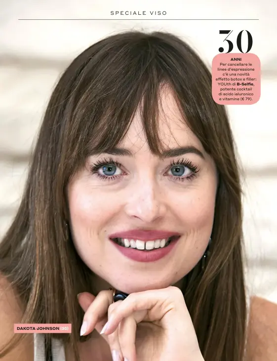  ??  ?? DAKOTA JOHNSON (30)
ANNI
Per cancellare le linee d’espression­e c’è una novità effetto botox e filler: YOUth di B-Selfie, potente cocktail di acido ialuronico e vitamine (€ 79). 30