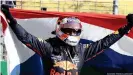  ??  ?? Max Verstappen celebrates victory in his native Netherland­s, a win that takes him back to the top of the standings