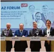  ?? Foto: Merk ?? Vier Bürgermeis­ter Bewerber für Stadt bergen präsentier­ten sich bei AZ Forum live: (v.l.) Alfred Hammel, Paul Metz, Mat ti Müller und Peter Rauscher.