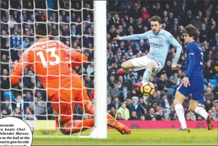  ??  ?? Bernardo Silva beats Chelsea defender Marcos Alonso to the ball at the back post to give his side the lead just seconds after the restart