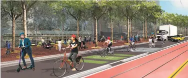  ?? San Francisco Public Works ?? A rendering shows the new plans for a more modest update to San Francisco’s Market Street than was approved in 2019. Bicyclists, taxis and delivery trucks will share a lane, with Muni buses in a center lane.