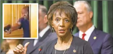  ?? AP ?? Jackie Lacey’s bid to be reelected L.A. County district attorney Tuesday could be affected by video of her husband (inset) threatenin­g to shoot Black Lives Matter protesters outside their home in Los Angeles.