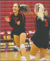  ?? BEA AHBECK/NEWS-SENTINEL ?? Lodi's Elliana Pappas celebrates a point with her teammates during their win over Tokay at Lodi High on Tuesday.