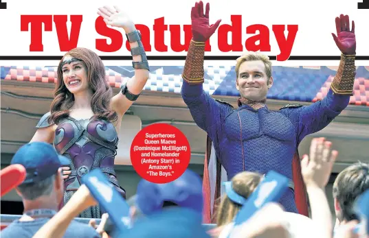  ??  ?? Superheroe­s Queen Maeve (Dominique McElligott) and Homelander (Antony Starr) in Amazon’s “The Boys.”