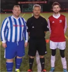  ??  ?? Cornview Celtic & White Gorillas captains with Referee Tommy Oates.