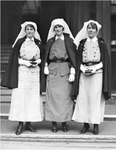  ??  ?? Canadian nursing sisters like these three — listed only as Mowat, McNichol, and Guilbride — worked tirelessly to help those suffering during the pandemic. Many nurses themselves succumbed to the disease.