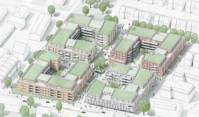  ?? Foto: Visualisie­rung: behet bondzio lin architekte­n Gmbh & Co. KG, Münster ?? Mehr als 200 Wohnungen sollen auf dem Postareal entstehen.