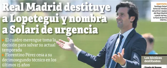  ??  ?? SUSTITUTO. Santiago Solari toma las riendas del primer equipo del Real Madrid a partir de hoy, lo hará de forma interina.