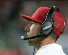  ?? MATT YORK — THE ASSOCIATED PRESS ?? San Francisco 49ers head coach Kyle Shanahan watches from the sideline during the first half of the NFL Super Bowl 54 football game against the Kansas City Chiefs Sunday in Miami Gardens, Fla.