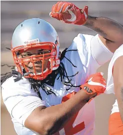  ?? JIM THOMPSON/JOURNAL ?? Jermane Conyers wanted to be a Hoosier, but said he’s content to be a Lobo. At 6-foot-2 and 326 pounds, he’ll add size and strength to UNM’s defensive line this season.