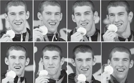  ?? ASSOCIATED PRESS ?? This combinatio­n of photos shows Michael Phelps holding each of his eight gold medals after the 400-meter individual medley, 4x100 freestyle relay, 200 freestyle, 200 butterfly, 4x200 freestyle relay, 200 individual medley, 100 butterfly and the 4x100 medley relay at Beijing in 2008.