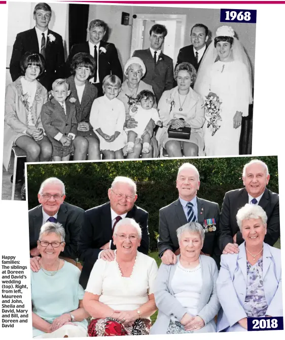  ??  ?? Happy families: The siblings at Doreen and David’s wedding (top). Right, from left, Maureen and John, Sheila and David, Mary and Bill, and Doreen and David