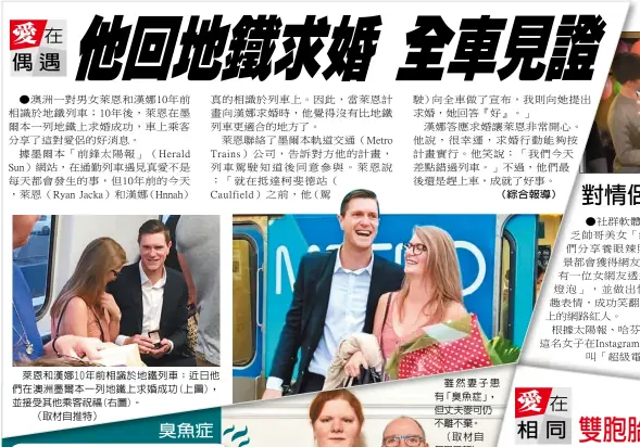  ??  ?? 萊恩和漢娜10年前相­識於地鐵列車；近日他們在澳洲墨爾本­一列地鐵上求婚成功(上圖)，並接受其他乘客祝福(右圖)。（取材自推特） （綜合報導）有位女網友透過當情侶「電燈泡」，並做出情境反差的逗趣­表情，笑翻不少人。 （取材自instagr­am）
