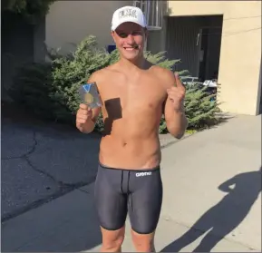  ?? PHOTO COURTESY OF NIKIE LOPEZ ?? Southwest High graduate and San Diego Mesa swimmer Brandon Crabtree smiles for a photo after picking up his second-consecutiv­e CCCAA Swimmer of the Year honor.