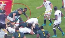  ??  ?? Sur une possession de balle sud-africaine, le deuxième ligne Snyman passe au sol en tombant sur le dos (cercle jaune). Ce qui offre une possibilit­é de « contest » au troisième ligne anglais Chris Robshaw, qui dispose d’un temps d’avance par rapport aux...